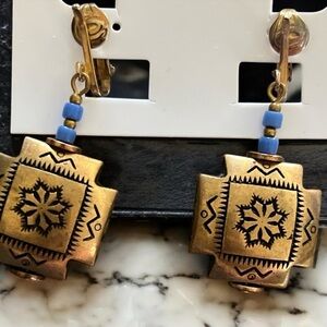 Vintage Clip On Gold Tone and Blue Geometric Earrings